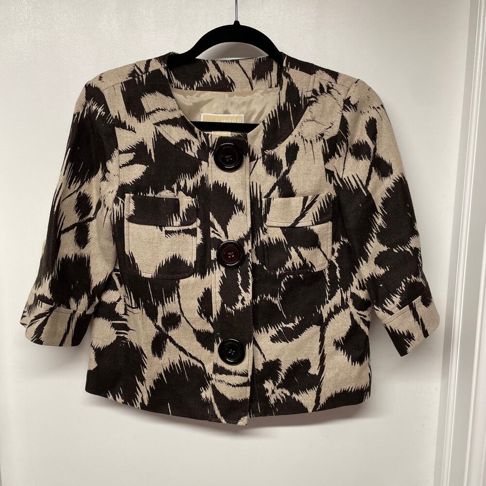 Michael Kors Womens Floral Hibiscus Jacket Blazer Brown Tan Size Small Career